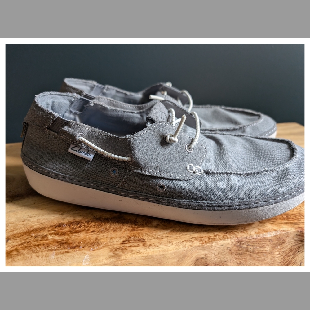 Clarks Gray Boat Shoes with Moccasin Stitching and Rubber Sole